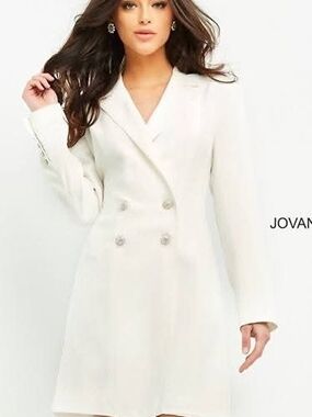 Jovani White Double-Breasted Coat Dress with Crystal Buttons